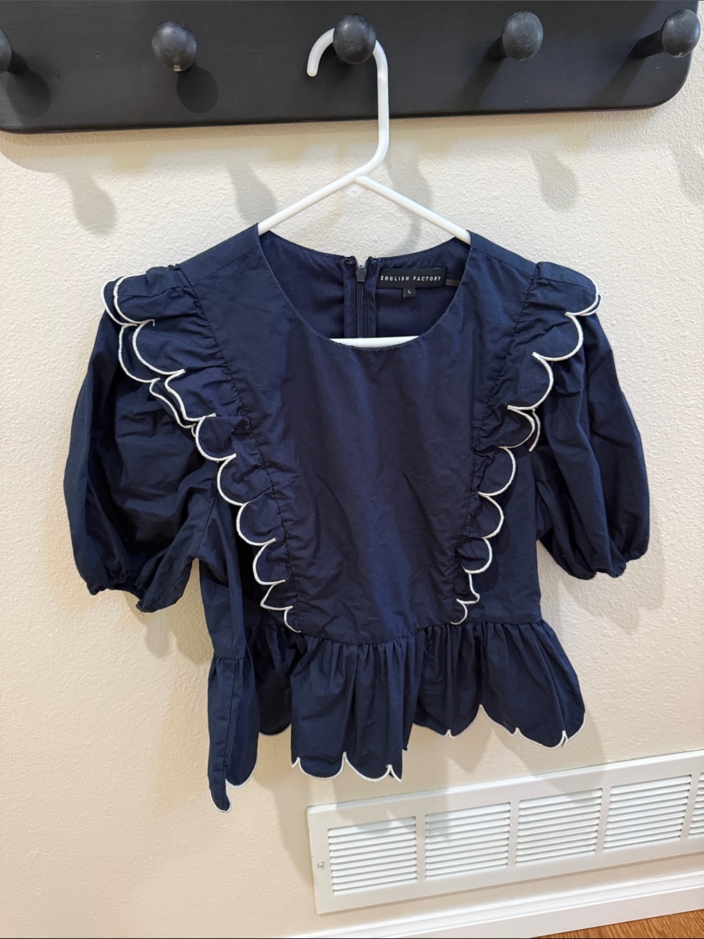 English Factory Navy Top with White Scallop Trim